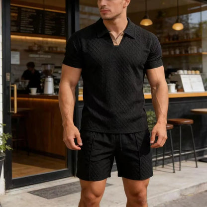 Men's Summer Casual Sports Set, 2 Pieces, Jacquard Fabric, Breathable Polo Shirt & Shorts, Formal Tropical Men's Top Set