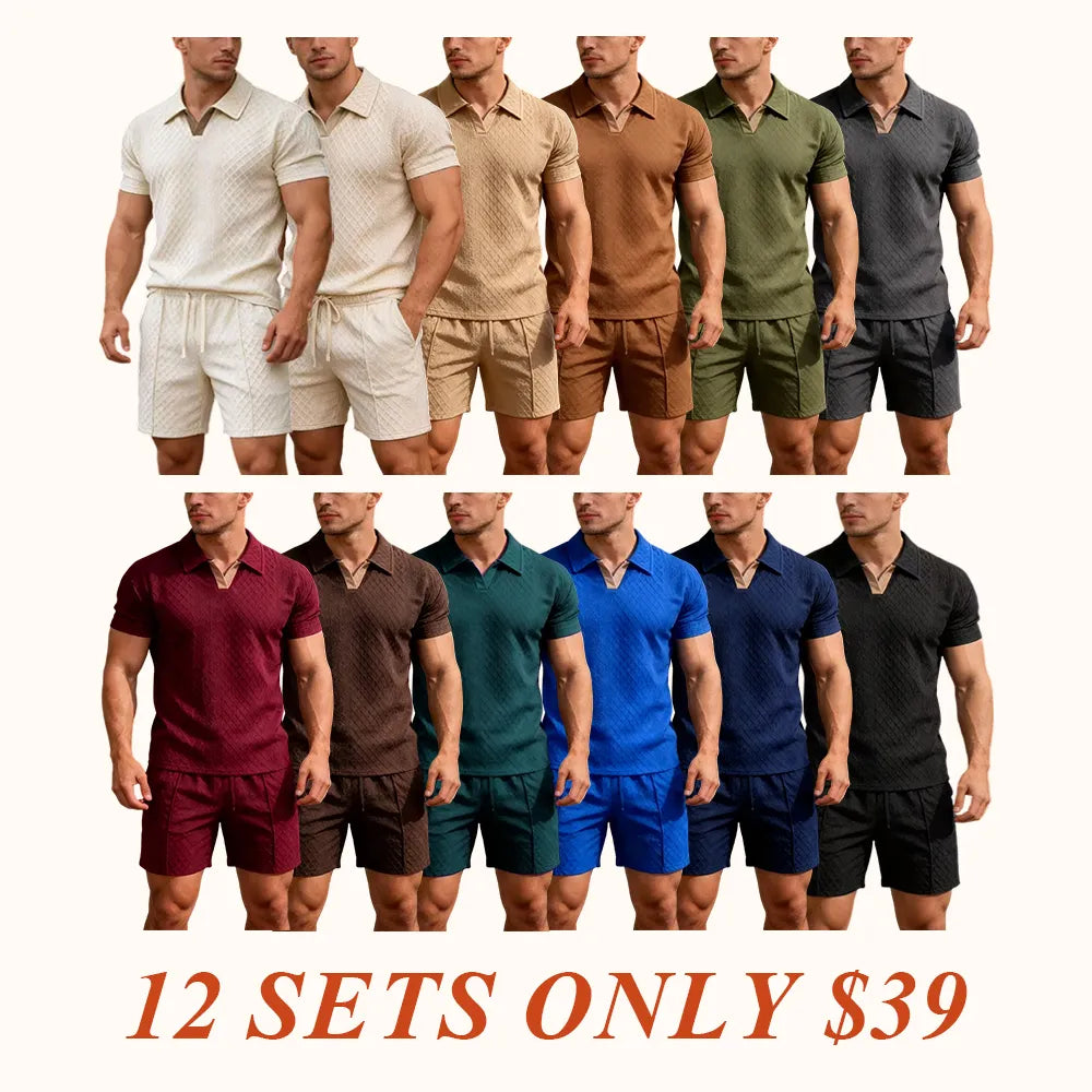 Men's Summer Casual Sports Set, 2 Pieces, Jacquard Fabric, Breathable Polo Shirt & Shorts, Formal Tropical Men's Top Set