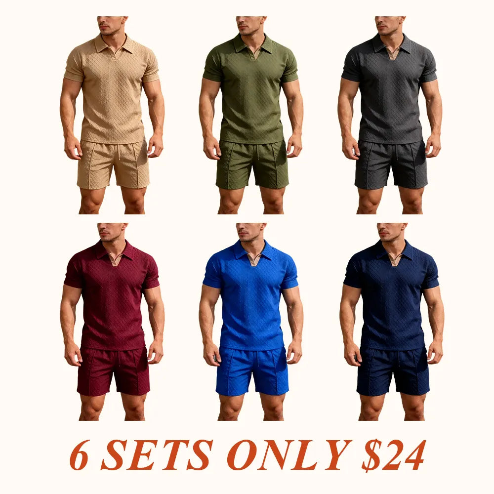 Men's Summer Casual Sports Set, 2 Pieces, Jacquard Fabric, Breathable Polo Shirt & Shorts, Formal Tropical Men's Top Set
