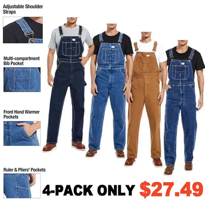 🔥Men's 4-Pack Flex Denim Bib Overalls — Adjustable & Utility Read