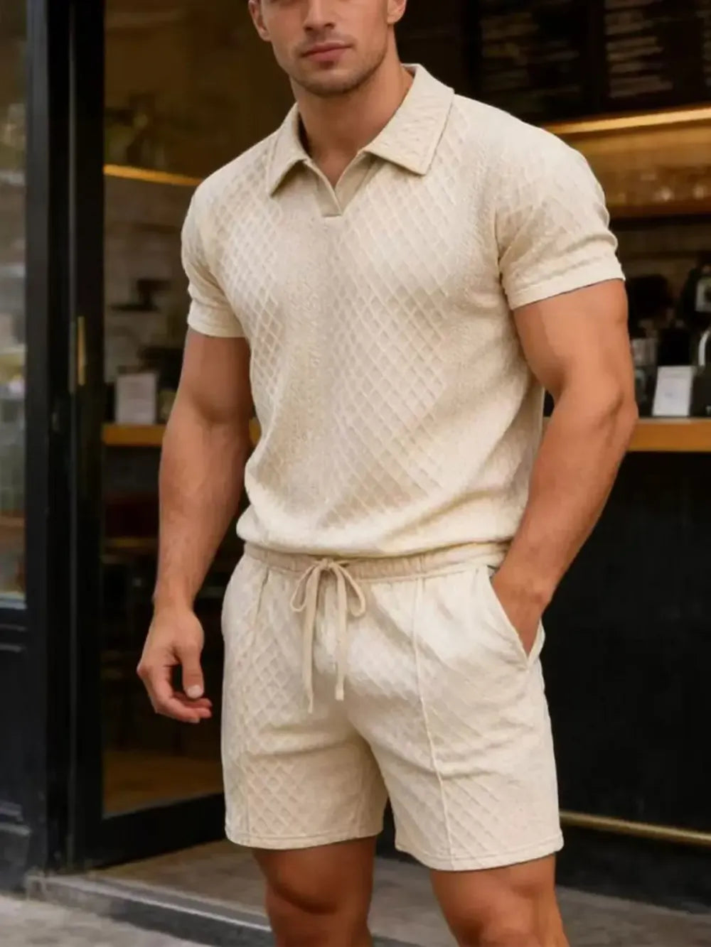 Men's Summer Casual Sports Set, 2 Pieces, Jacquard Fabric, Breathable Polo Shirt & Shorts, Formal Tropical Men's Top Set