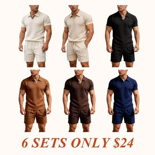 Men's Summer Casual Sports Set, 2 Pieces, Jacquard Fabric, Breathable Polo Shirt & Shorts, Formal Tropical Men's Top Set