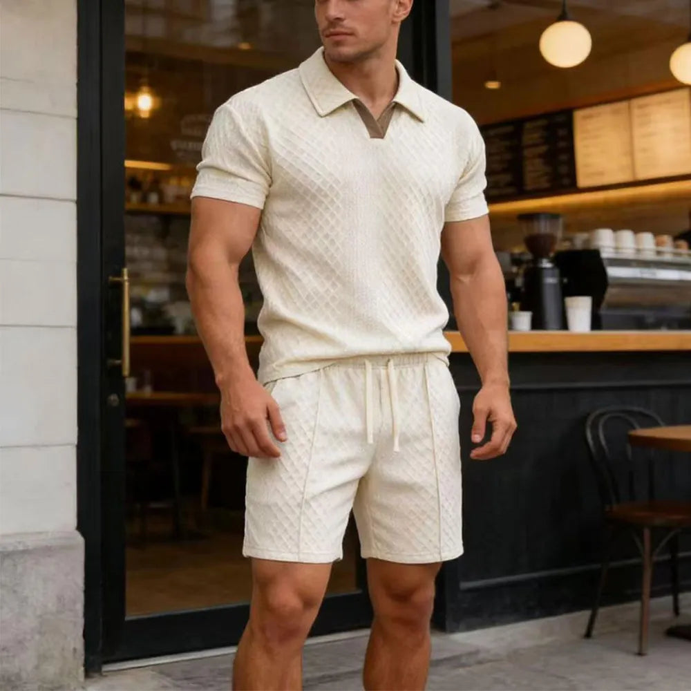 Men's Summer Casual Sports Set, 2 Pieces, Jacquard Fabric, Breathable Polo Shirt & Shorts, Formal Tropical Men's Top Set