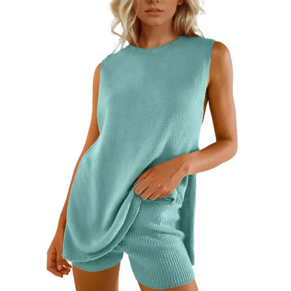 SummerVibes Women's 2 Piece Outfits Summer Knit Sweater Set Sleeveless Tunic Top Matching Shorts Trendy Beach Vacation Sets