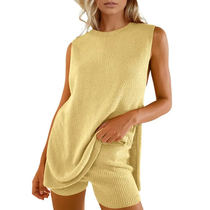 SummerVibes Women's 2 Piece Outfits Summer Knit Sweater Set Sleeveless Tunic Top Matching Shorts Trendy Beach Vacation Sets