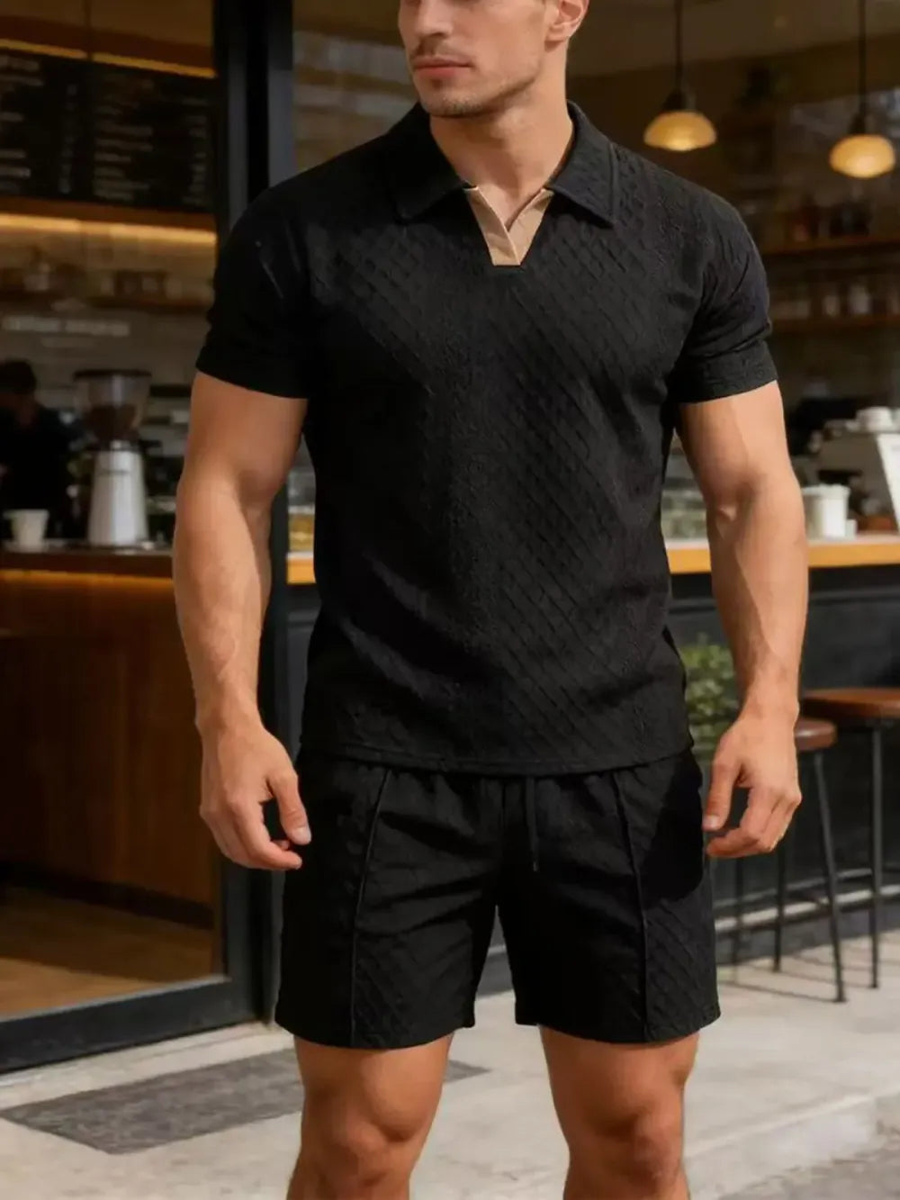 Men's Summer Casual Sports Set, 2 Pieces, Jacquard Fabric, Breathable Polo Shirt & Shorts, Formal Tropical Men's Top Set