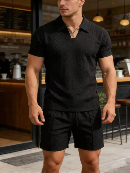 Men's Summer Casual Sports Set, 2 Pieces, Jacquard Fabric, Breathable Polo Shirt & Shorts, Formal Tropical Men's Top Set