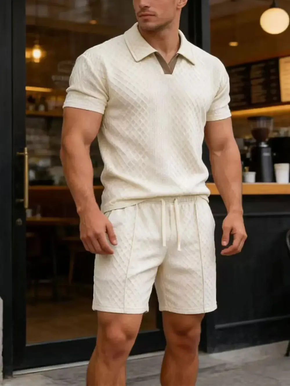 Men's Summer Casual Sports Set, 2 Pieces, Jacquard Fabric, Breathable Polo Shirt & Shorts, Formal Tropical Men's Top Set