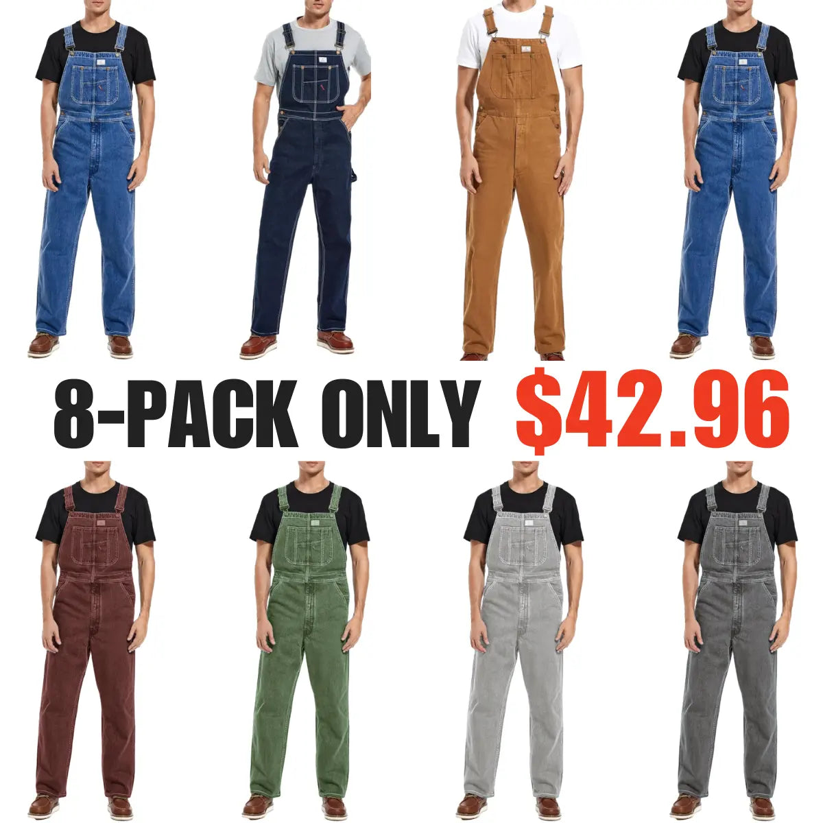 🔥Men's 4-Pack Flex Denim Bib Overalls — Adjustable & Utility Read